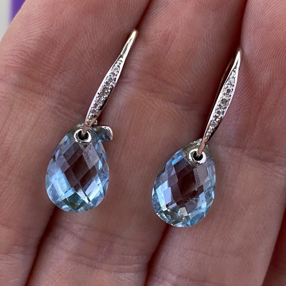 💛 14k White Gold Diamond & Blue Topaz Teardrop Dangle Earrings | Frost & Facets - Picture 2 of 10